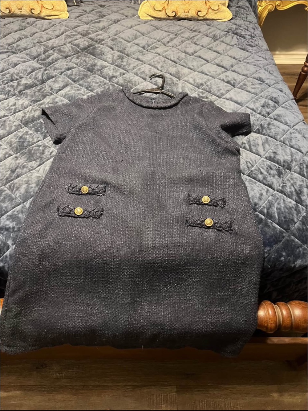 Classic Navy Short-Sleeve Dress with Decorative Buttons